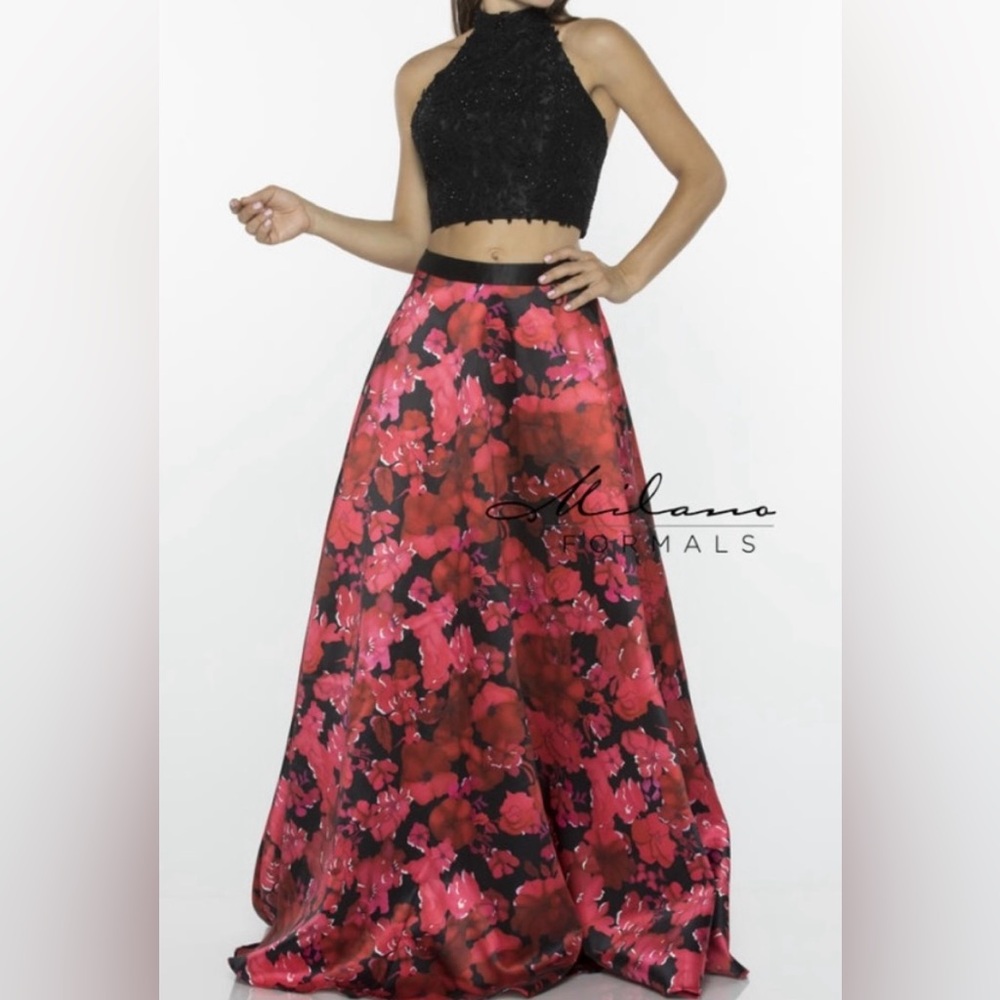 Milano Formals Red and Black Maxi Skirt and Black Rhinestone Halter Bodice